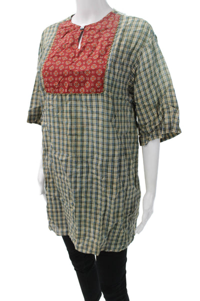 Gucci Women Multicolor Linen Plaid Tunic Blouse Short Sleeve Round Neck Size 46