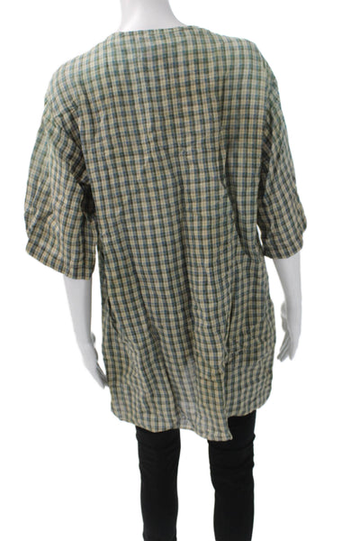 Gucci Women Multicolor Linen Plaid Tunic Blouse Short Sleeve Round Neck Size 46