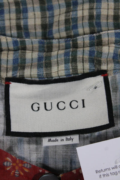 Gucci Women Multicolor Linen Plaid Tunic Blouse Short Sleeve Round Neck Size 46