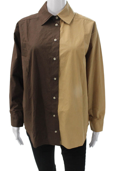 Donni Women Beige Colorblock Cotton Button Up Blouse Long Sleeve Size XS