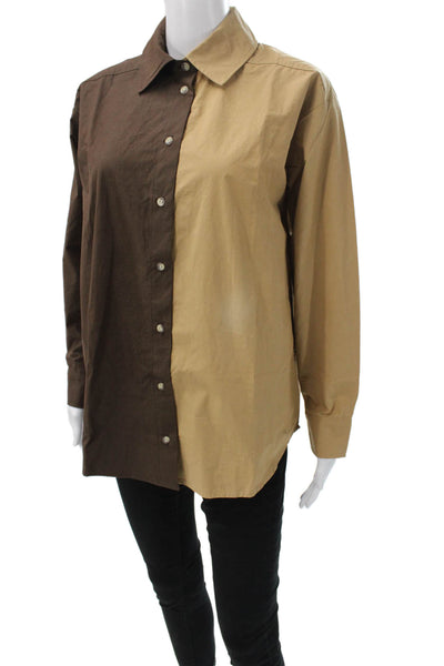Donni Women Beige Colorblock Cotton Button Up Blouse Long Sleeve Size XS