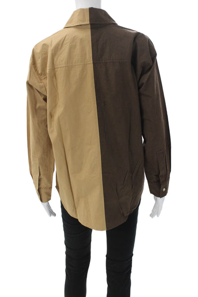 Donni Women Beige Colorblock Cotton Button Up Blouse Long Sleeve Size XS