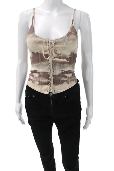 Zara Women Camisole Beige Camo Knit Lace Up Scoop Neck Strappy Boho Size S