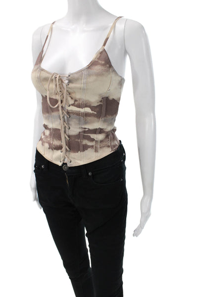 Zara Women Camisole Beige Camo Knit Lace Up Scoop Neck Strappy Boho Size S