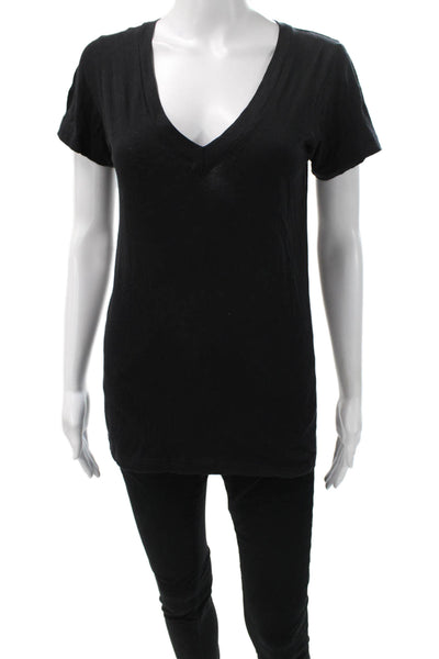 LNA Women Basic Black V-Neck Cotton Short Sleeve T-Shirt Size S