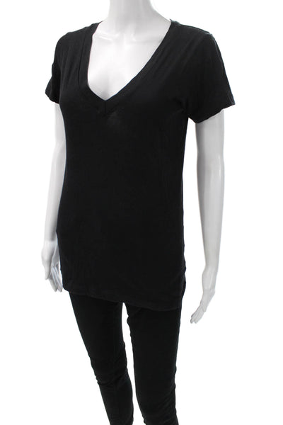 LNA Women Basic Black V-Neck Cotton Short Sleeve T-Shirt Size S