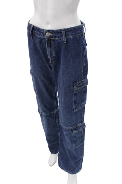 Zara Women Straight Jeans Blue Cotton Mid Rise Button Size 4