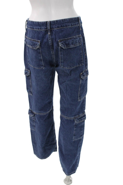 Zara Women Straight Jeans Blue Cotton Mid Rise Button Size 4