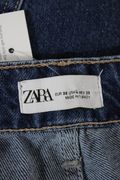 Zara Women Straight Jeans Blue Cotton Mid Rise Button Size 4