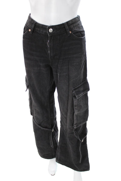 Zara Womens Wide-Leg Jeans Black Cotton Mid Rise Button Size 4