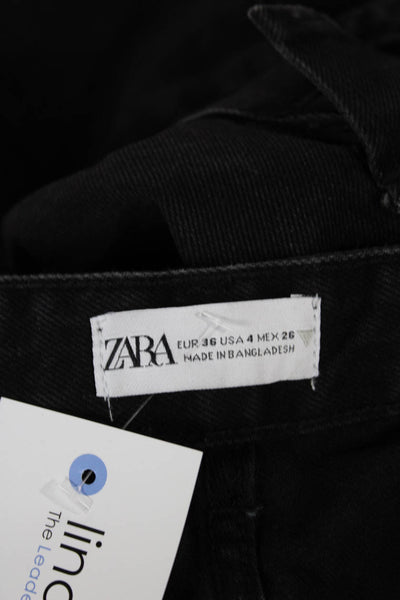 Zara Womens Wide-Leg Jeans Black Cotton Mid Rise Button Size 4