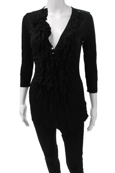 Bailey 44 Womens Tunic Blouse Black V-Neck 3/4 Sleeve Button Size S