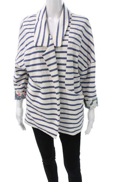 Johanna Paris Women Basic Striped Nautical Long Sleeve Jacket Blue Size S