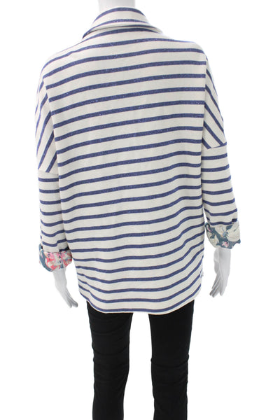 Johanna Paris Women Basic Striped Nautical Long Sleeve Jacket Blue Size S