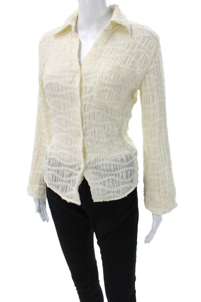 Ronny Kobo Womens Collared Long Sleeve Button-Up Top Ivory Polyester Size XS