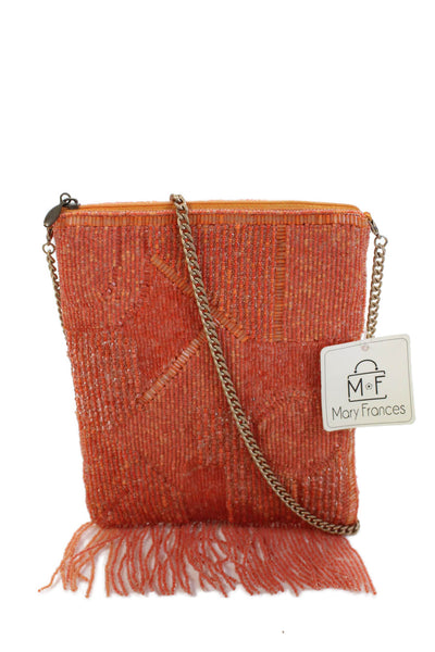 Mary Frances Womens Beaded Fringe Zippered Crossbody Handbag Orange