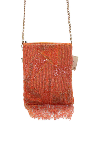 Mary Frances Womens Beaded Fringe Zippered Crossbody Handbag Orange