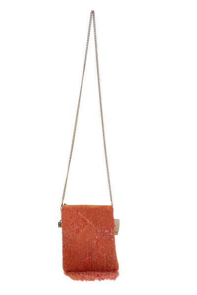 Mary Frances Womens Beaded Fringe Zippered Crossbody Handbag Orange