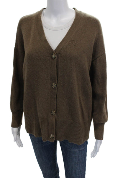 Zara Women Cardigan Brown V-Neck 100% Wool Long Sleeve Fall Size S