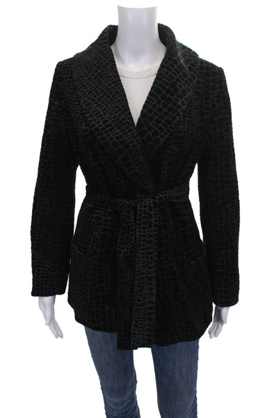 Trussardi Women Black Animal Print Cotton Basic Jacket Tie Long Sleeve Size 42
