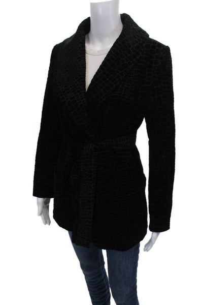Trussardi Women Black Animal Print Cotton Basic Jacket Tie Long Sleeve Size 42