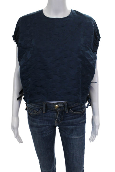 Avn Women Blue Cropped Floral Blouse Round Neck Button Sleeveless Size 40