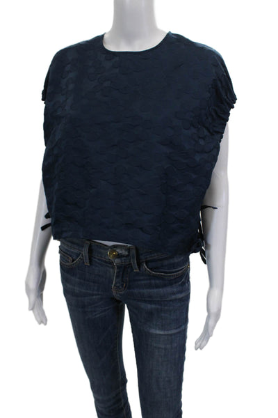 Avn Women Blue Cropped Floral Blouse Round Neck Button Sleeveless Size 40