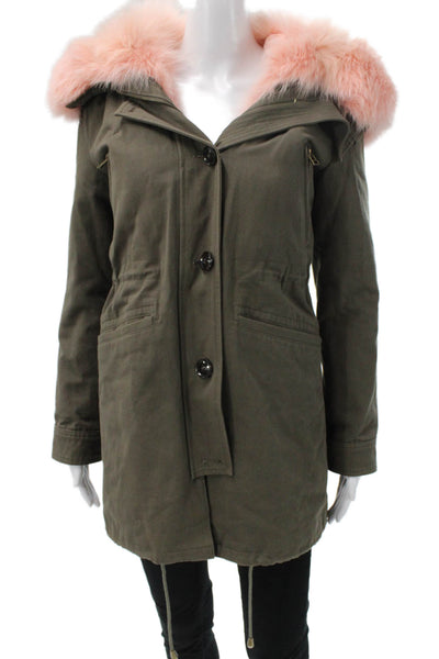 Peri Luxe Women Parka Green Cotton Button Long Sleeve Size XS
