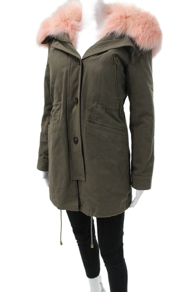 Peri Luxe Women Parka Green Cotton Button Long Sleeve Size XS