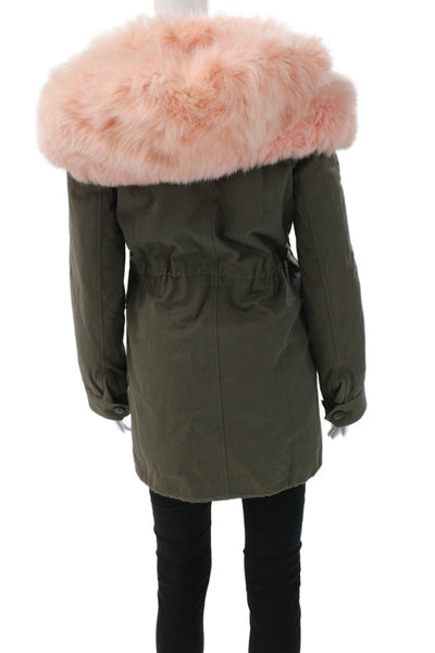 Peri Luxe Women Parka Green Cotton Button Long Sleeve Size XS
