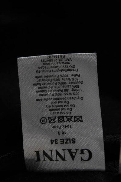 Ganni Womens Overcoat Black Wool Tie Long Sleeve Size 34