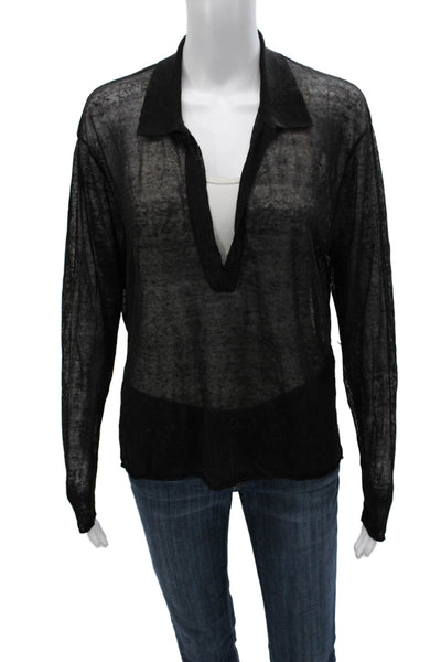 James Perse Women Collared Black Linen Blend Long Sleeve Blouse Size 2