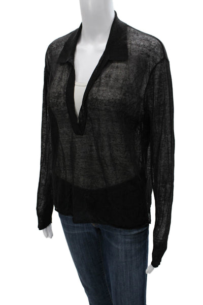 James Perse Women Collared Black Linen Blend Long Sleeve Blouse Size 2