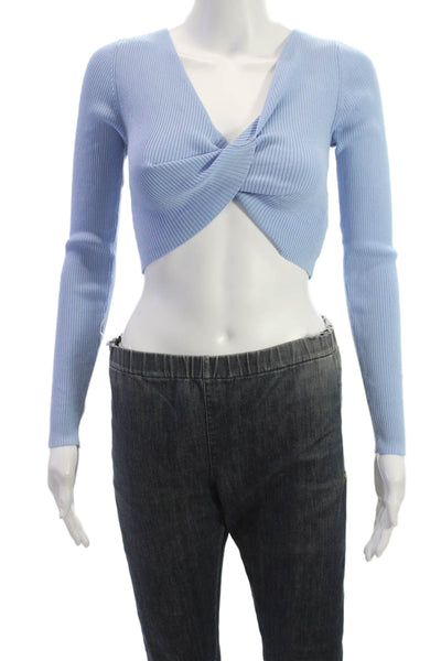 MINKPINK Women Cropped V-Neck Pullover Blouse Long Sleeve Blue Size S