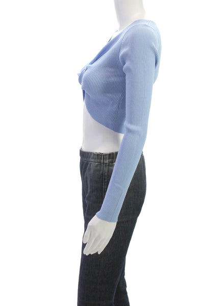 MINKPINK Women Cropped V-Neck Pullover Blouse Long Sleeve Blue Size S