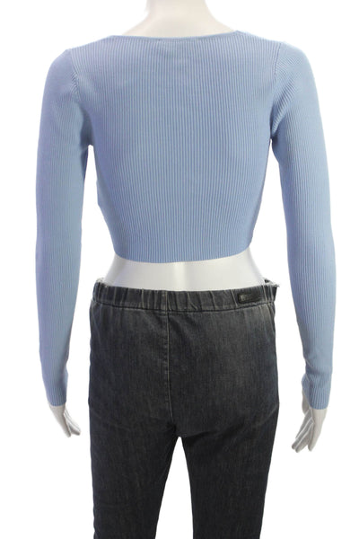 MINKPINK Women Cropped V-Neck Pullover Blouse Long Sleeve Blue Size S