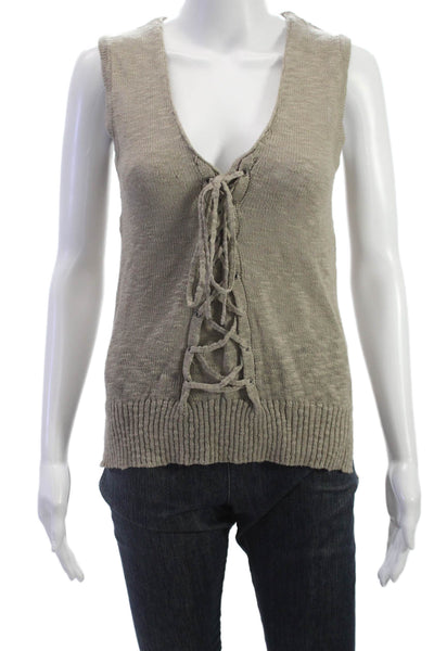 Roi Womens Beige Cotton Linen V Neck Lace Up Sleeveless Basic Vest Size XS