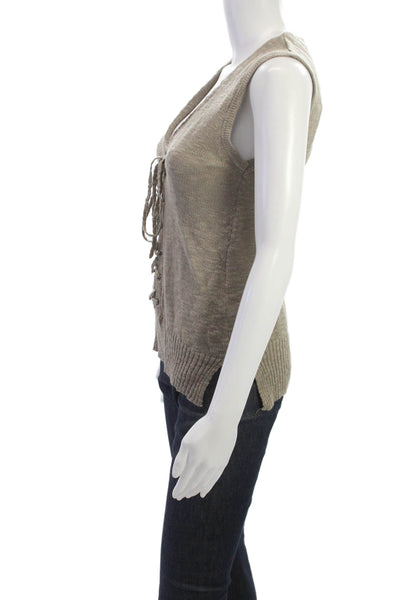 Roi Womens Beige Cotton Linen V Neck Lace Up Sleeveless Basic Vest Size XS