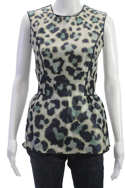 Derek Lam Women Basic Silk Animal Print Sleeveless Round Neck Zip Blouse Size 0