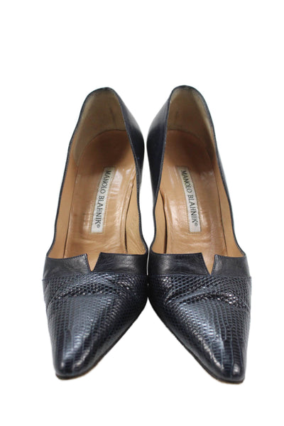 Manolo Blahnik Womens Stiletto Pointed Toe Leather Lizzard Trim Pumps Navy 35.5