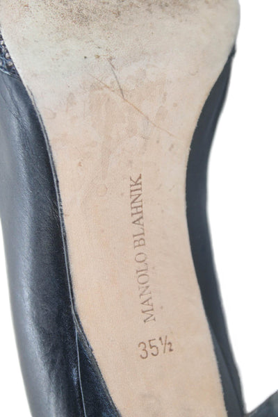 Manolo Blahnik Womens Stiletto Pointed Toe Leather Lizzard Trim Pumps Navy 35.5