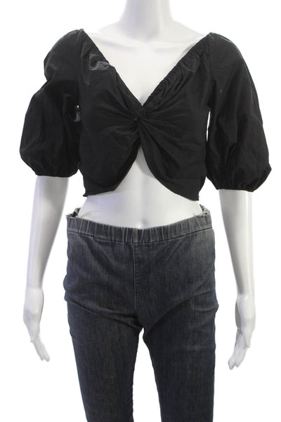 Caroline Constas Women Cropped Off Shoulder Blouse Black Short Sleeve Size XS