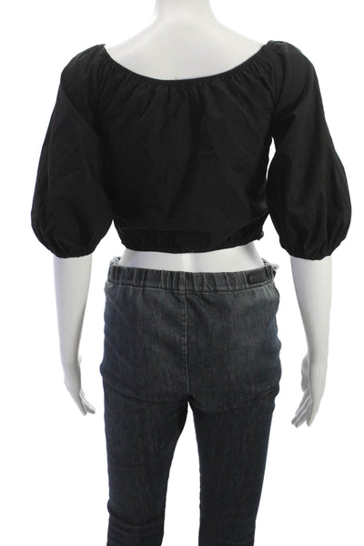 Caroline Constas Women Cropped Off Shoulder Blouse Black Short Sleeve Size XS