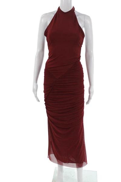 Zara Women Bodycon Halter Sleeveless Dress Red Elastane Full Length Size S