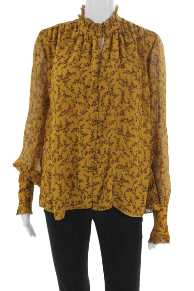 Jonathan Simkhai Women Silk Floral High Neck Long Sleeve Button Blouse Size M