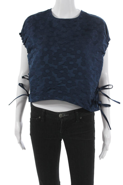 Avn Women Cropped Floral Blouse Blue Sleeveless Round Neck Button Size XS