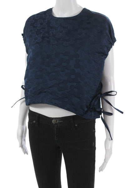 Avn Women Cropped Floral Blouse Blue Sleeveless Round Neck Button Size XS