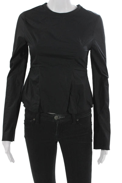Tela Womens Black Cotton Crew Neck Long Sleeve Blouse Zip Solid Set Size XS