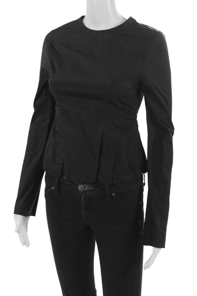 Tela Womens Black Cotton Crew Neck Long Sleeve Blouse Zip Solid Set Size XS