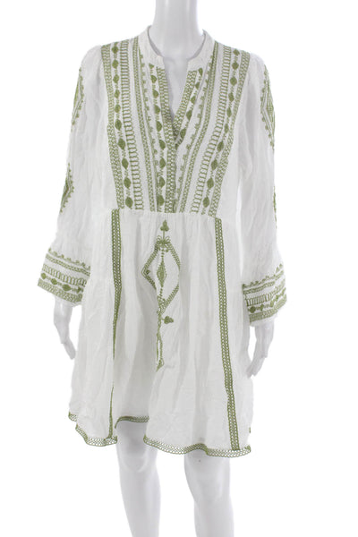 Hale Bob Women Mini V-Neck Geometric Cotton Dress White Long Sleeve Size L